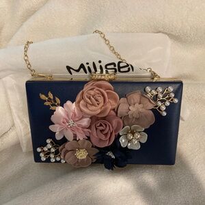 Navy Evening Cluch with floral accents